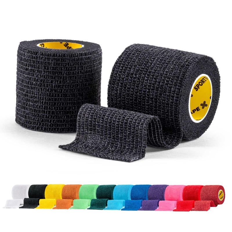 2 Rolls SPORTTAPE Football Sock Tape, 5cm x 4.5m, Black - Self-Adhesive Cohesive Bandage, Compression Wrap & Sports Stretch Tape for Ankles, Joints, Socks, Vet & Pet Wrap for Dogs, Horses